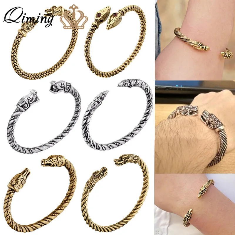 

QIMING Dragon Bracelet Viking Bangle Fenrir Wristband Pagan Men Jewelry Slavic Wolf Head Cuff Bracelets For Women Bangles Silver