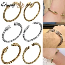 Pulsera de dragón QIMING, brazalete Vikingo, brazalete Fenrir, pulsera pagana para hombres, joyería de cabeza de Lobo eslavo, pulseras para mujeres, brazaletes de plata