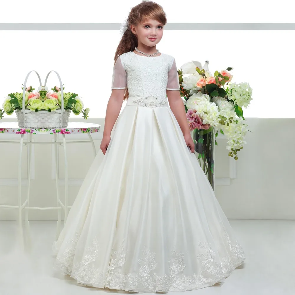 Short Sleeve Flower Girl Dresses A Line Mother Daughter Dresses Lace White Holy Communion Dress 