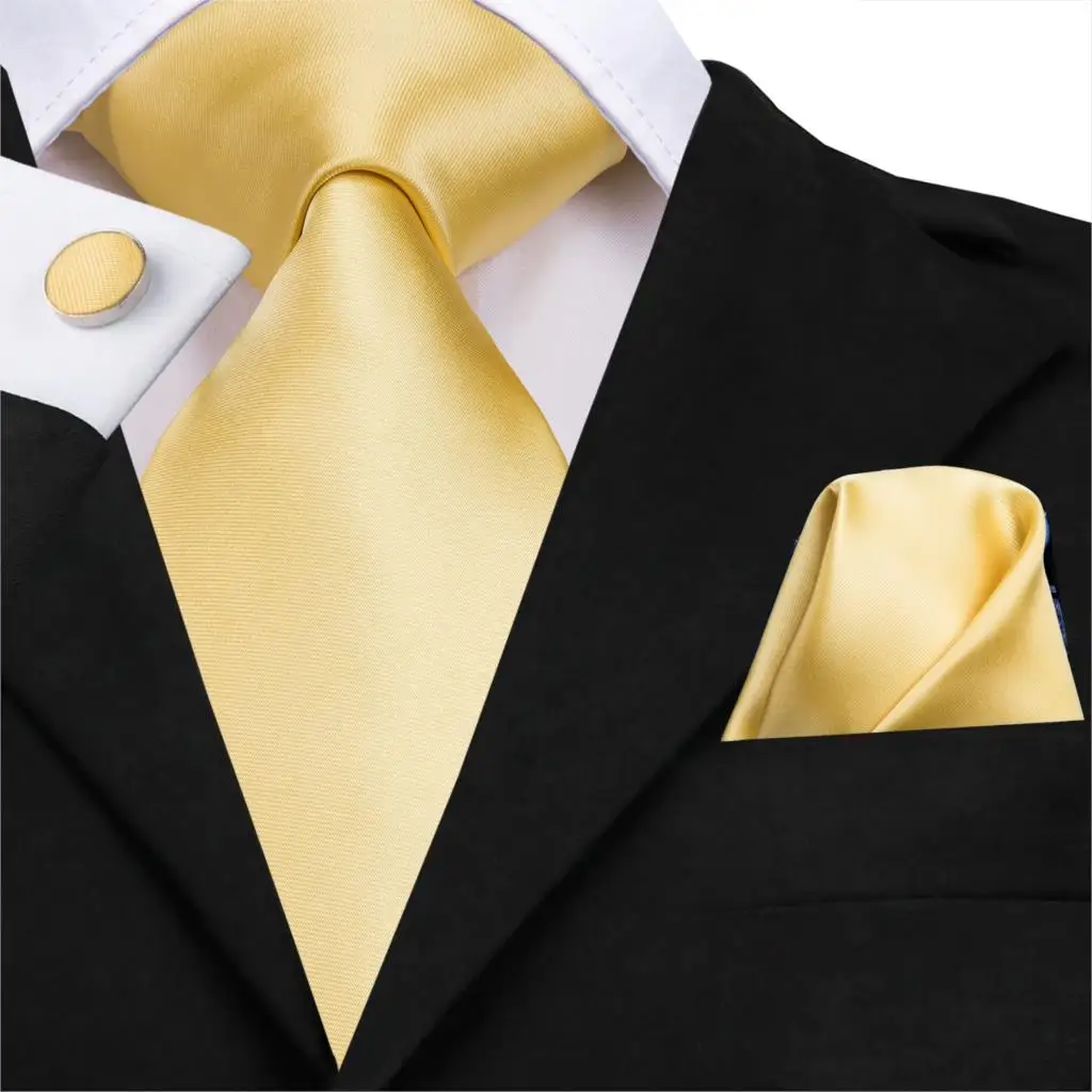 SN-3142 Hi-Tie Men Tie Silk Necktie Gold Yellow Solid Ties for Men Fashion Wedding Business Tie Hanky Cufflinks Set for Men
