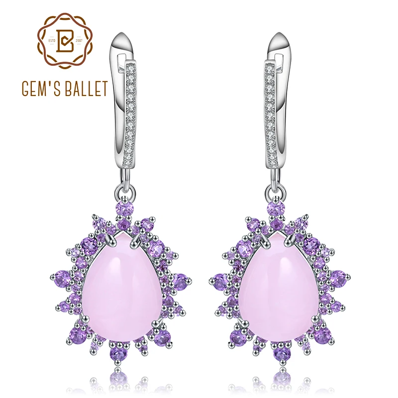 

GEM'S BALLET Natural Pink Calcedony Gemstone Earrings 925 Sterling Silver Vintage Drop Earrings for Women Wedding Fine Jewelry