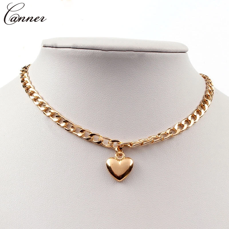 Metal Love Heart Necklace Pendant Punk Silver/Gold Chain Choker Necklace Women Collar Jewelry Gifts collier femme 2019 Q45