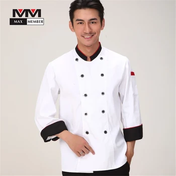 

M-3XL Men Spliced Stand Collar Cuffs Double-breasted Long-sleeved Chef Kitchen Work Wear White Coat Cooking Uniform Jackets
