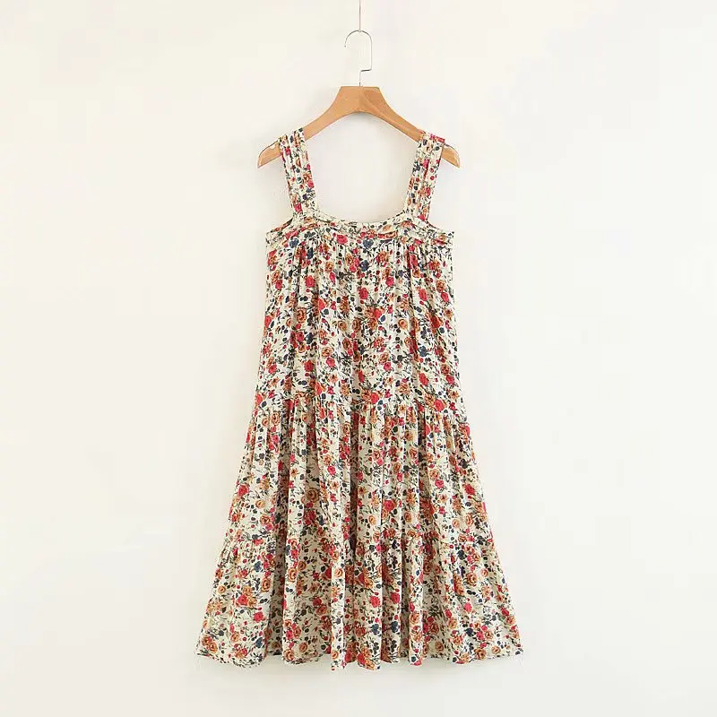 

2019 Summer Spaghetti Strip Beach Sun Dress Bohemian Floral Print Pleated Mini Dresses Beach Party Wear