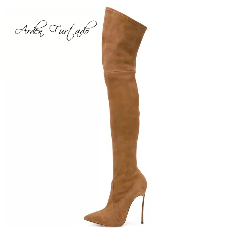 

Arden Furtado 2018 autumn sexy stilettos metal heels party shoes ladies slip on pointed toe over the knee high brown suede boots