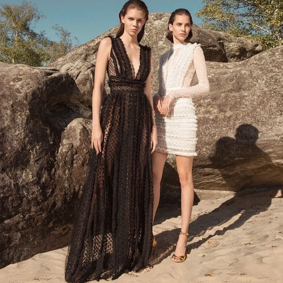 

Newest Celebrity Evening Party Long Dress Women Black Sleeveless Deep V-Neck Sexy NightClub Lace Maxi Dress Women Vestidos
