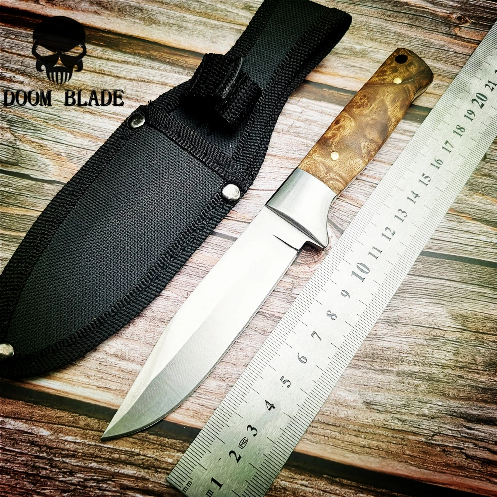 

200mm 5CR15MOV Blade Knives Fixed Blade Hunting Knife 57HRC Hardness Wooden Handle Camping Straight Knife with Nylon Sleeve