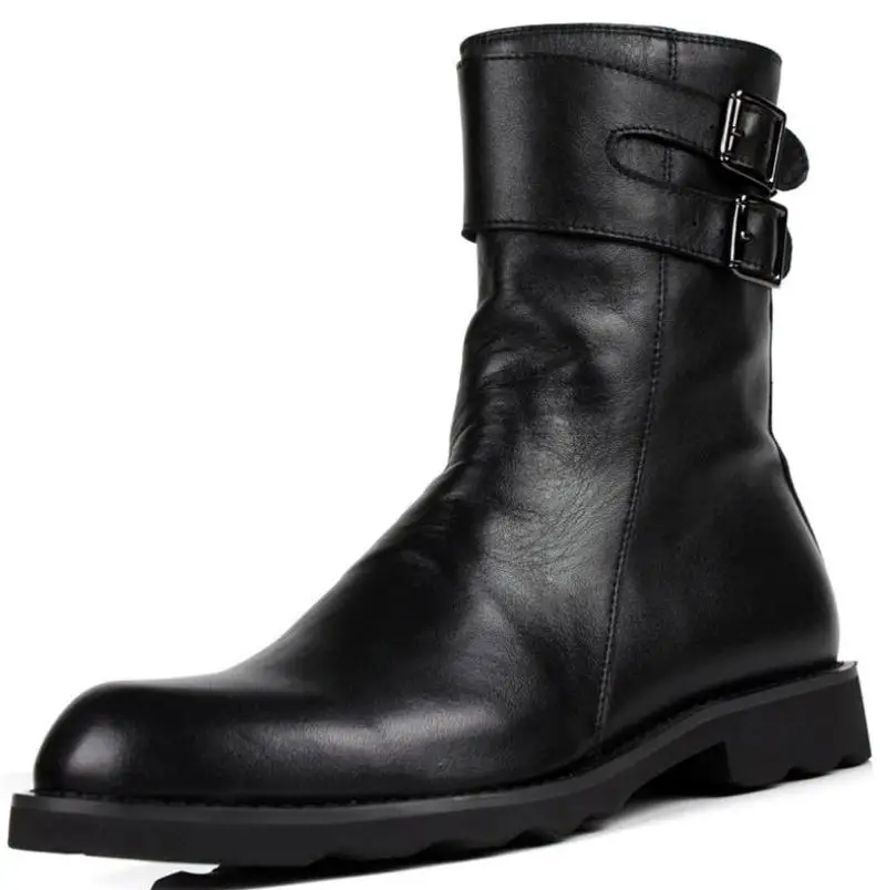 Новые качественные мужские ботинки из коровьей кожи, модные трендовые мужские рабочие ботинки с круглым носком, на молнии, с пряжкой, дизайнерские ботинки средней высоты, размер 44, США 10 - Цвет: Black
