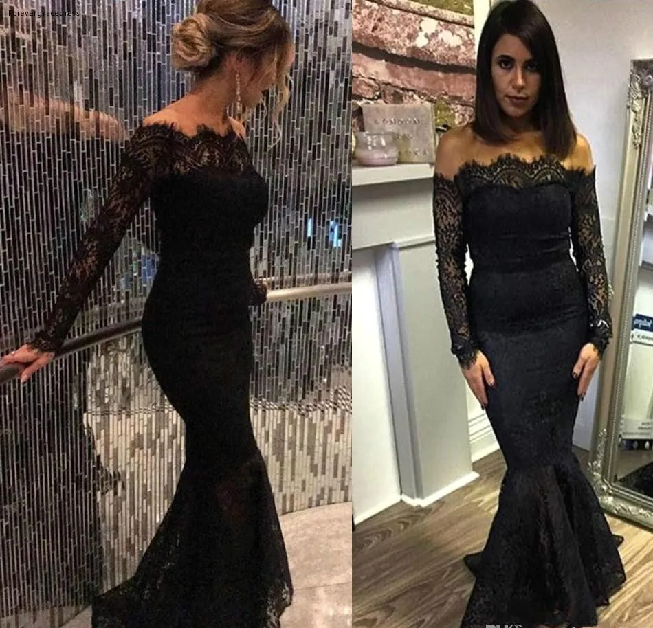 

2019 Arabic Black Lace Evening Dress Off The Shoulder Long Sleeves Holiday Wear Pageant Prom Party Gown Custom Made Plus Size