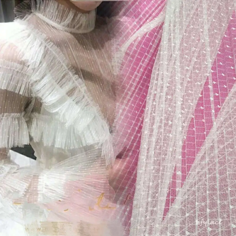 

150 cm Wide Off Wide and Black dots Gauffer Mesh Tulle wedding dress DIY garment fabic sewing material