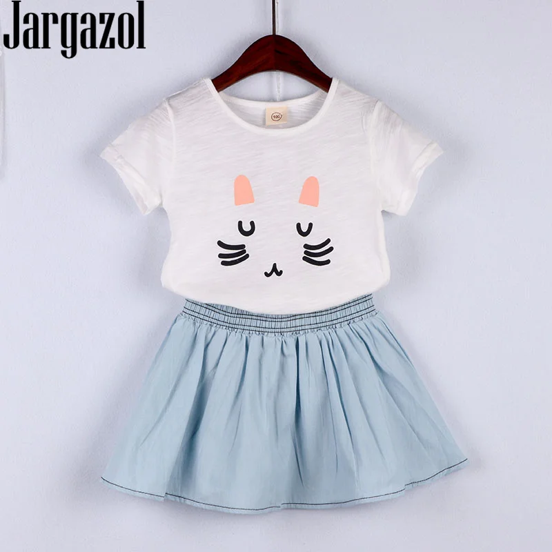 

Jargazol Toddler Girls Clothes Cartoon Cat Printedsummer Short Sleeve Shirt&Denim Skirt Baby Kids Clothing Set Girl Outfits