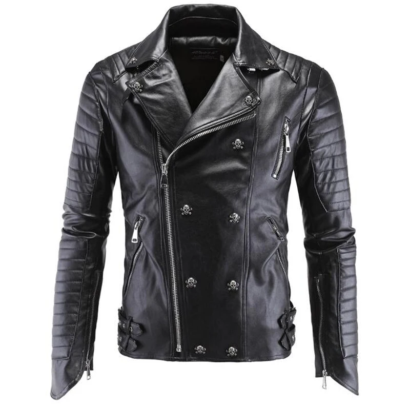 Male Leather Jacket Skull Rivet Studded Punk Rock Men Motorcycle Black ...