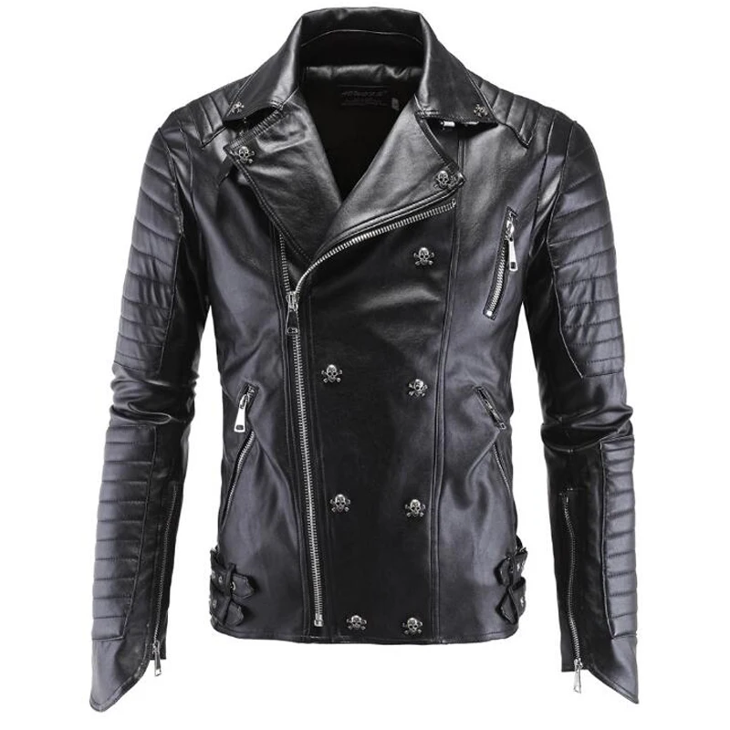 Male Leather Jacket Skull Rivet Studded Punk Rock Men Motorcycle Black