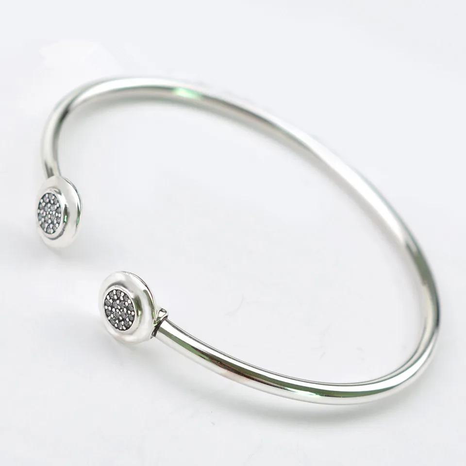 

Authentic 925 Sterling Silver Bangle Pan Signature With Crystal Open Bracelet Bangle Fit doras Style Bead Charm DIY Jewelry