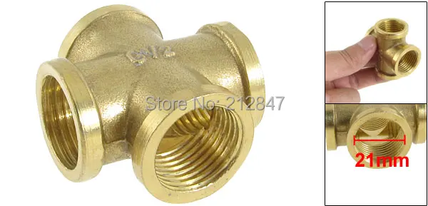 Female Threaded 4 Ways Cross Coupler Adapter Brass Pipe Fitting Gold Tone.Bjpg