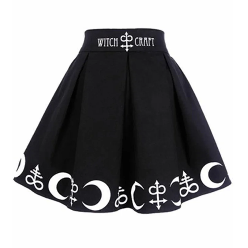 Женские летние юбки в стиле Харадзюку, панк-рок, готика, с принтом ведьмы и Луны, мини-юбка с высокой талией, плиссированная мини-юбка для готических девушек