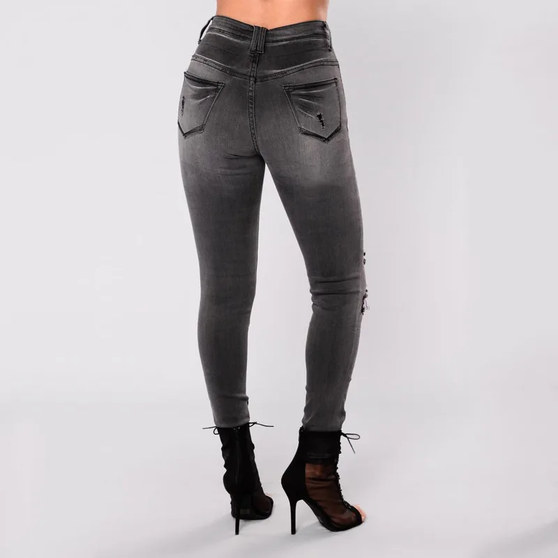 QMGOOD рваные джинсы для женщин уличный стиль винтажные джинсы с высокой талией брюки женские повседневные узкие джинсовые брюки серо-черный