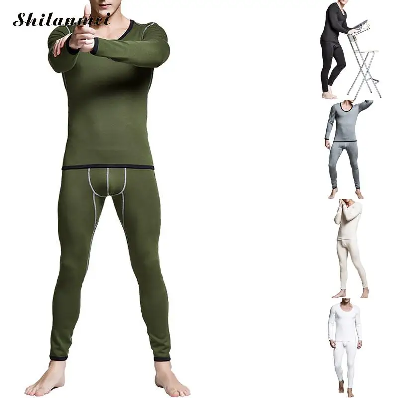 Winter Thermal Underwear Sets For Men Army Green Gray Elastic Long
