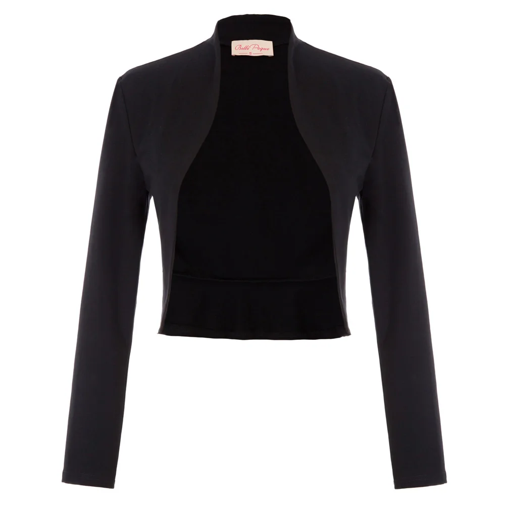 BP Женское пальто, винтажное, длинный рукав, открытая спереди, Женская куртка, гофрированный подол, хлопковое болеро, болеро - Цвет: Black