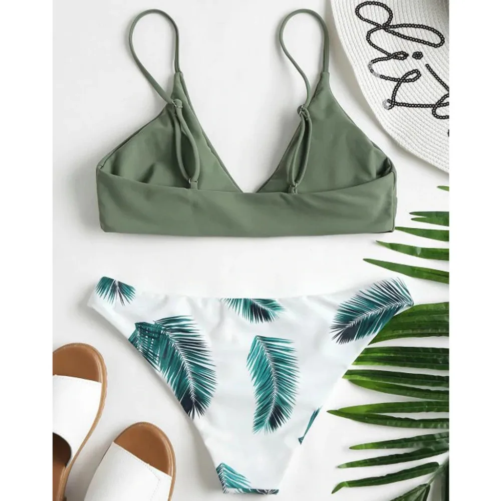 2019 Woman sexy solid color leaf print fresh split swimwear bikini set Brazilian beach swimming push up mujer brasile 40M29 (12)
