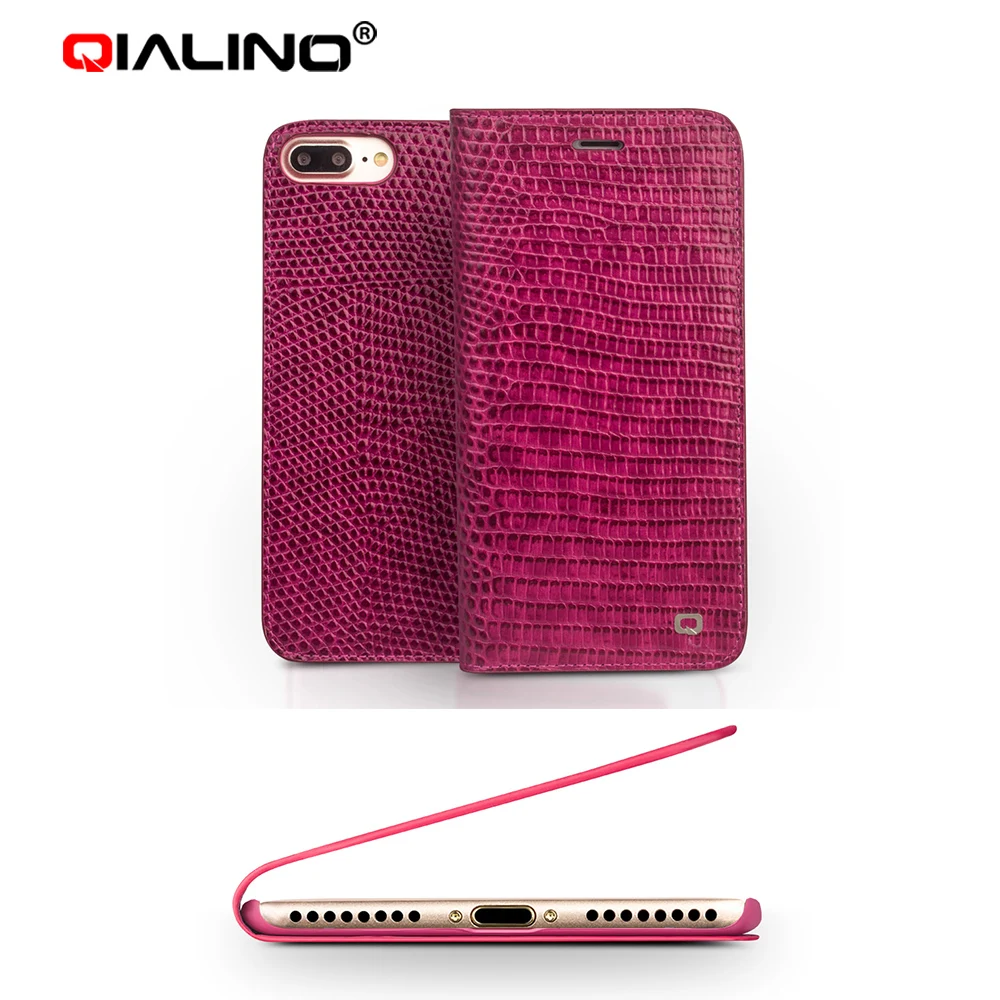 

Qialino Genuine Leather Hot Pink lady handmade Crocodile leather flip Case for iphone8 wallet Case for iphone8 plus caso capa