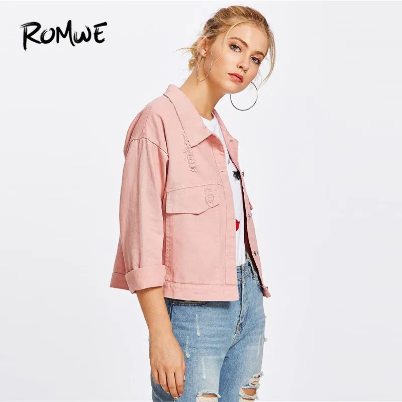 ROMWE Pink Single Breasted Ripped Denim Jacket Women Lapel Jean Jackets 2018 Casual Long Sleeve Street Jacket ROMWE Pink Single Breasted Ripped Denim Jacket Women Lapel Jean Jackets 2018 Casual Long Sleeve Street Jacket
