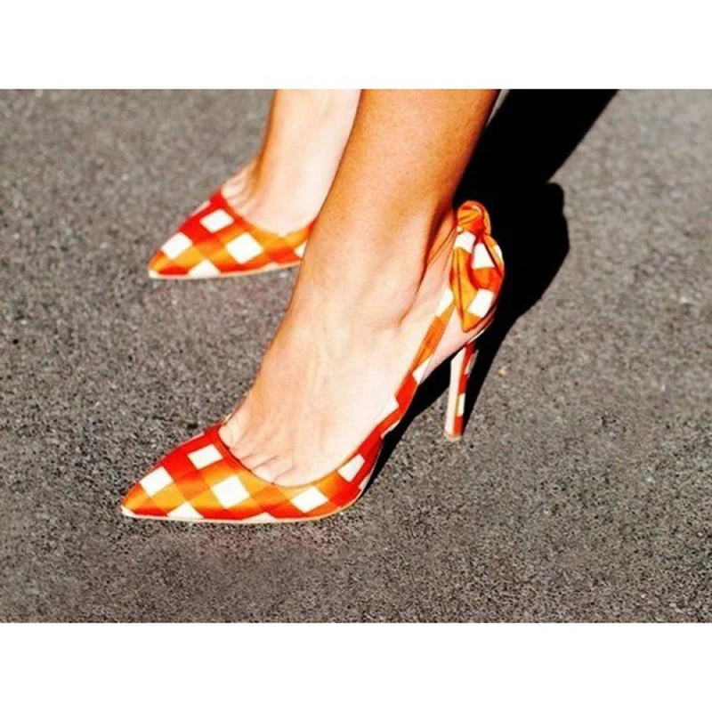 Женская обувь Туфли-лодочки на тонком высоком каблуке с бантиком-бабочкой оранжевого цвета с петлей на пятке изящные туфли в клетку с острым носком и бантом, вечерние туфли в стиле ретро без шнуровки