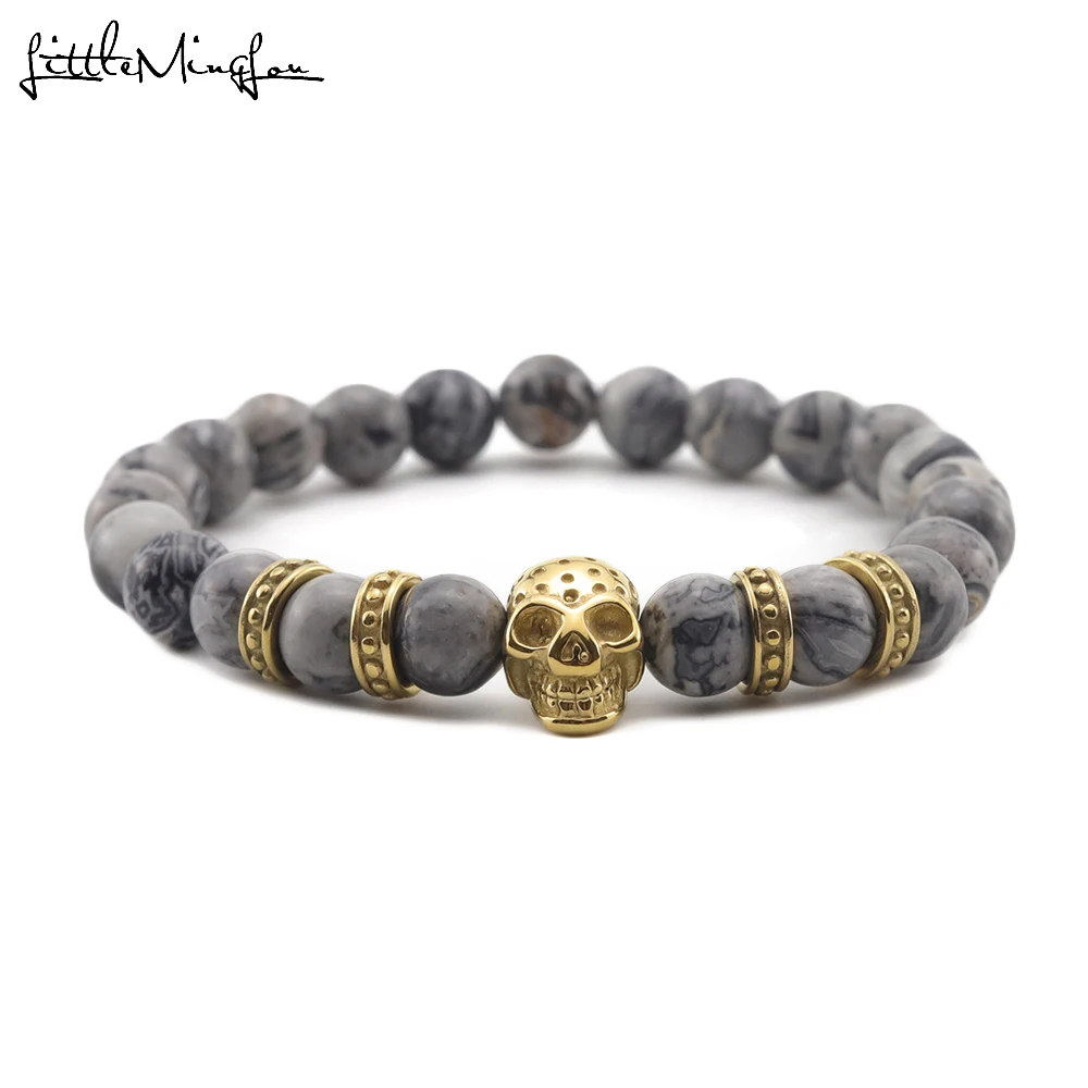 

WML Stainless Steel Skull Skeleton charms natural stone beads Rock punk Stone men Bracelet & bangles for men jewelry