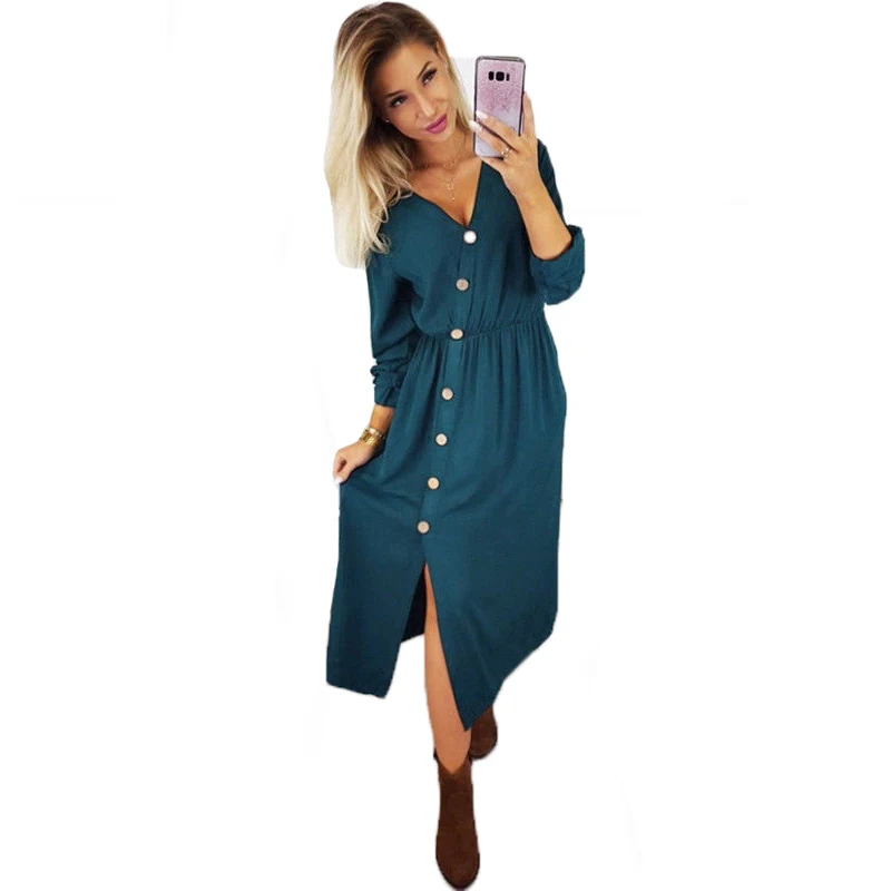 

New Women Vestido Autumn Winter Vintage Long Dress Vogue Female Long sleeve v neck Button Front Split dress lady solid clubwear