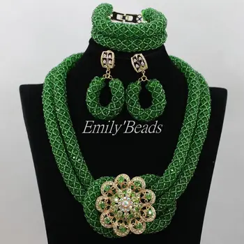 

2016 Latest Nigerian Wedding Party Bridal Crystal Necklace Set Green Jewelry African Costume Jewelry Sets Free Shipping AIJ381