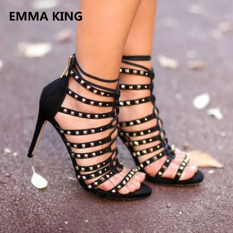 

Gold Rivets Women Black Flock Gladiator Sandals Open Toe Cut-out Ladies Summer Ankle Boots Sexy Female High Heels Sandals Shoes