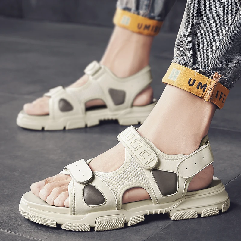 

Summer Outdoor Men Flats Casual Beach sandals breathable mesh Athletic Shoes Sport Sandals leather rubber slip on men sandals L5