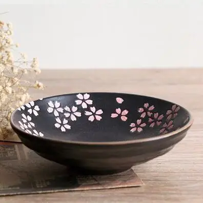 Японский стиль вишневый цвет керамический черный прямоугольник квадратное основное блюдо чаша круглая обеденная тарелка, столовая посуда - Цвет: 7 inch noodle bowl