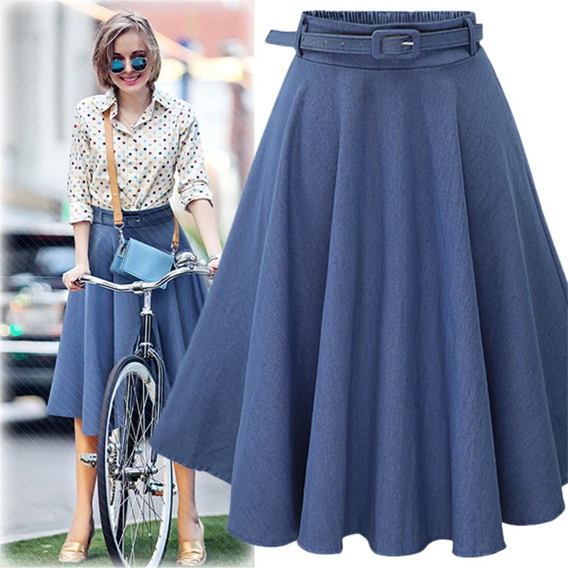

2019 New Women Denim Skirt Casual Women Skirt A high waist Loose Skirt Waistband Midi Skirt Elegant Student Long Women Skirts