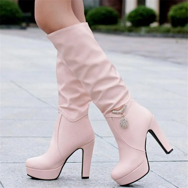 Promotion winter Minimalism High cylinder boots High-heeled Waterproof Korean Edition fashion white Women Boots plus size 34-43 - Цвет: 1