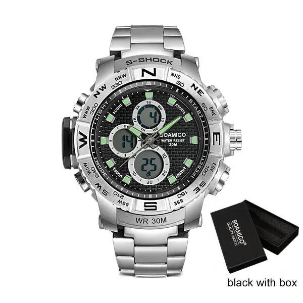S-SHOCK, мужские спортивные часы, стальной светодиодный, цифровые часы, аналоговые, кварцевые часы BOAMIGO, брендовые, хронограф, Автоматическая Дата, 30 м, водонепроницаемые часы - Цвет: black with box