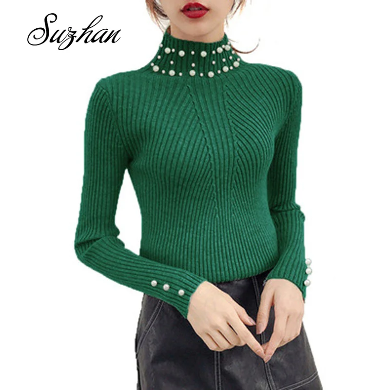 Suzhan Осенние теплые вязаные пуловеры для женщин со стоячим воротником свитер с длинными рукавами свободные однотонные вязаные топы одежда