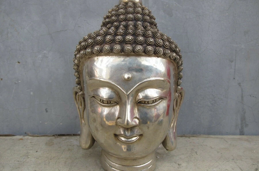 

9"China Buddhism White Bronze Silver Sakyamuni Buddha head statue