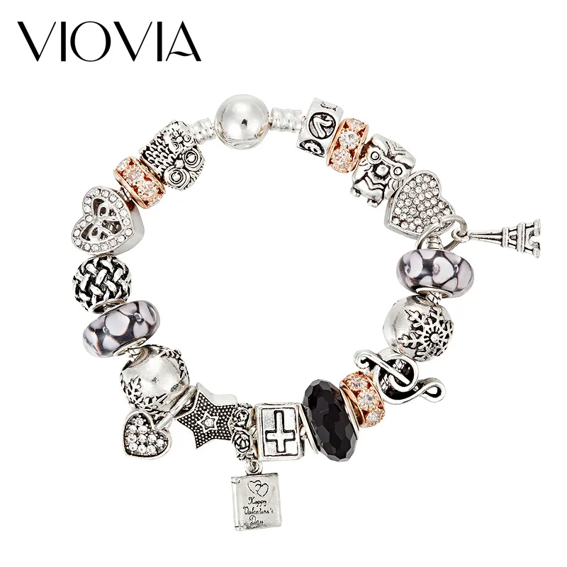 

VIOVIA Brand Owl Charms Bracelets for Women Crystal Heart Beads Bracelets & Bangles Diy Jewelry For Women Gift B17052