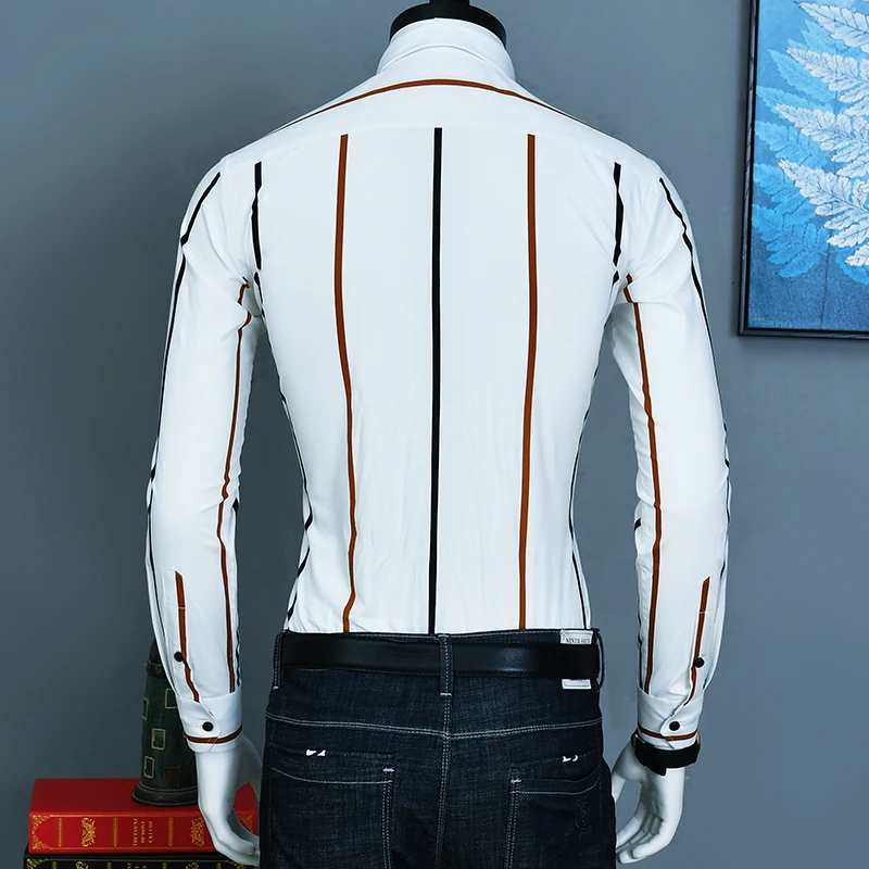 Caiziyijia дизайнер с длинным рукавом Camisa Masculina модное Полосатое платье рубашка мужская повседневная приталенная хлопковая деловая рубашка