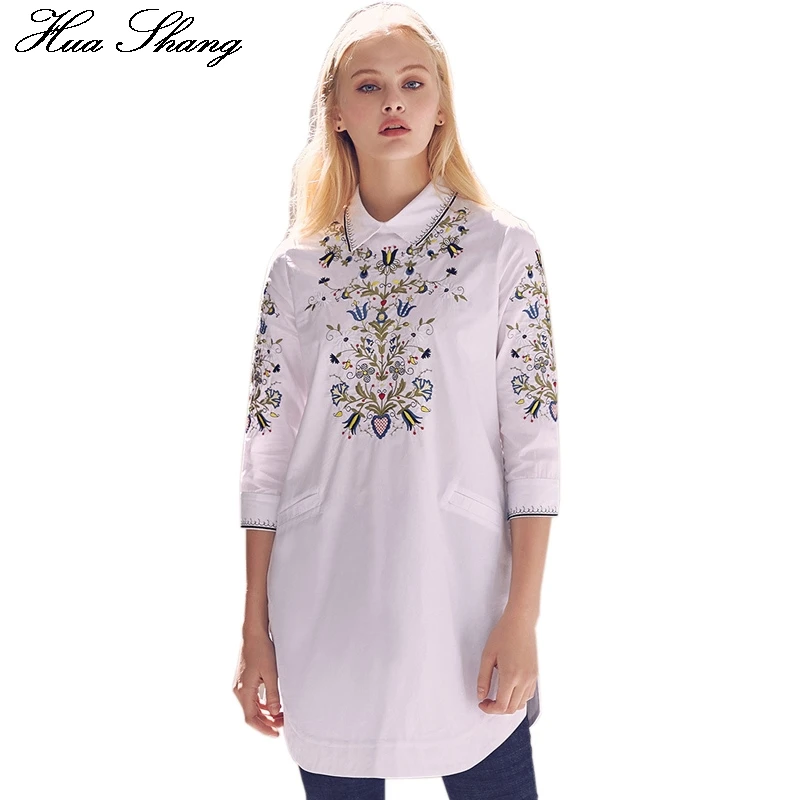 Acheter 2017 Mode Streetwear Femmes Tournent Vers Le Bas Broderie Chemisier Blanc Élégant Zipper Retour Longue Chemise Lâche Tunique Femmes Tops