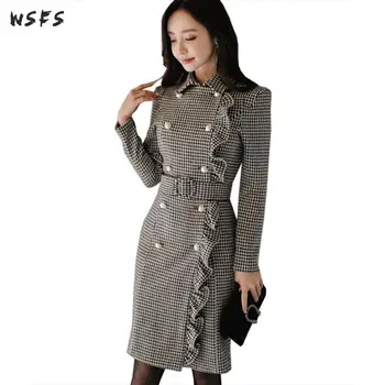 

Autumn Dresses Grey Plaid Notched Full Sleeve Ruffles Women Dress Office Elegant Bandage Bodycon Sexy Party Pencil Midi Sundress