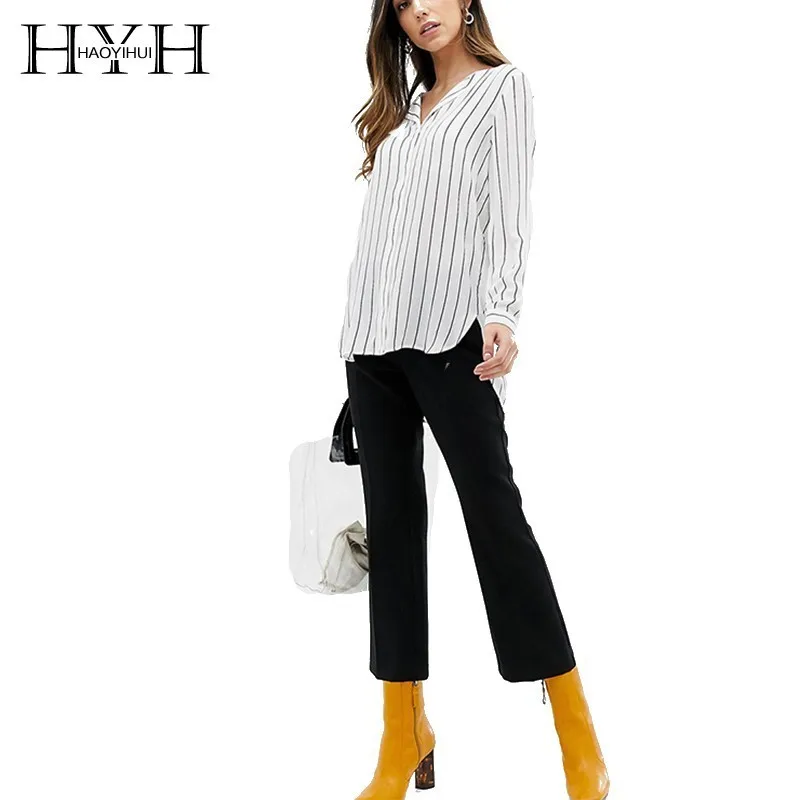 

HYH Haoyihui 2019 Simplicity Street Wind Commute Stripe Jacket Sexy V Collar Easy To Wear Female Style Long Sleeves Female Shirt