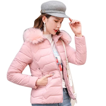 

Parkas Women Winter Slim Hooded Jacket Fur Collar Coats Cotton Padded Female Warm Black Short Overcoat Outwear Plus Size D432