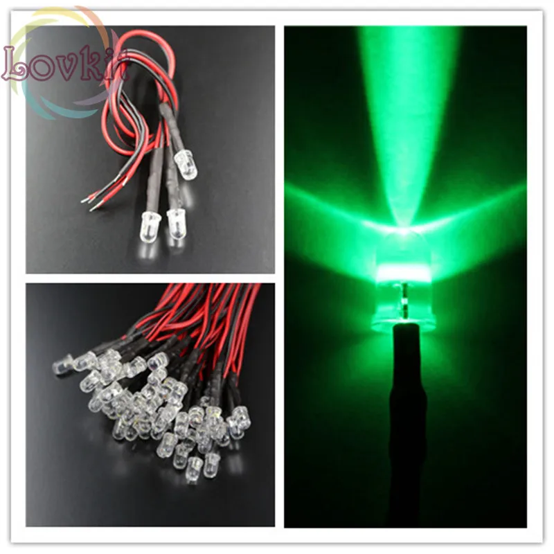 

50pcs 5MM Round Top 12v Pre-Wired Resistor Green LED 12V DC 20cm Emitting Diode DIY For car Lamp High Quality Wholesale Retail