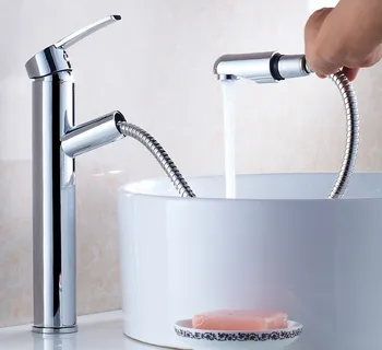 

Free Shipping Elegant Pull out Spout Chrome Tall Solid Brass Bathroom Vanity Sink / Basin Crane / Torneira Faucet Tap Mixer