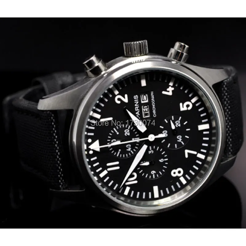 

Parnis watch 42mm black dial Full chronograph date week display black mark quartz movement Men's watch 21