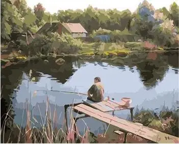 Fishing in the village painting by numbers landscape art canvas painting with acrylic paints for home decor