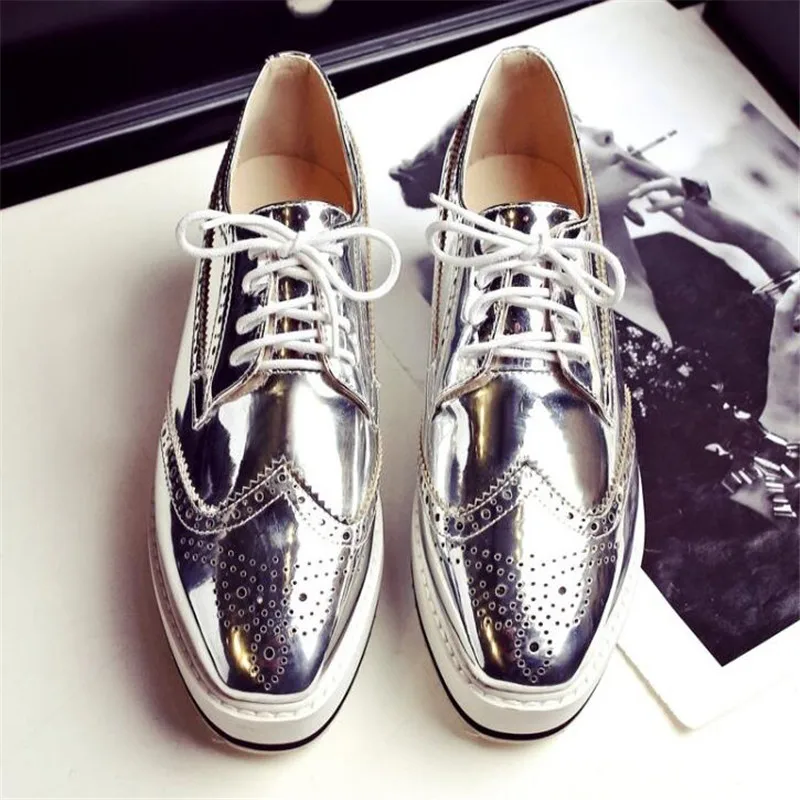 Plus Size 32-48 Women Pumps Oxfords Fashion Patent Leather Wedges Women Shoes Black Silver Lace Up Ladies Brogue Shoes High Heel (15)