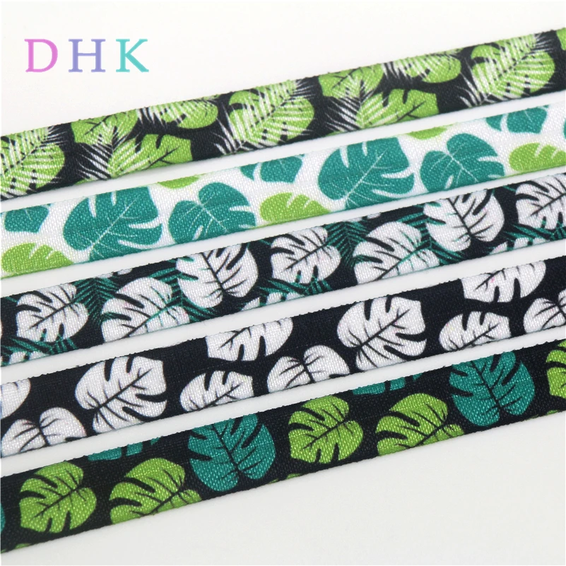 

DHK 5/8'' 5yards leafs printed Fold Elastic FOE stretch ribbon hairbow headwear headband DIY OEM C1668